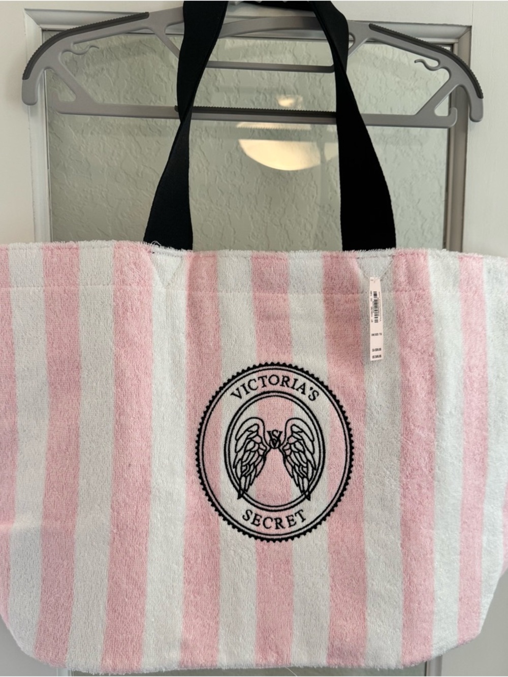Victoria's Secret Pink & White Striped Terry Tote with Black Logo
